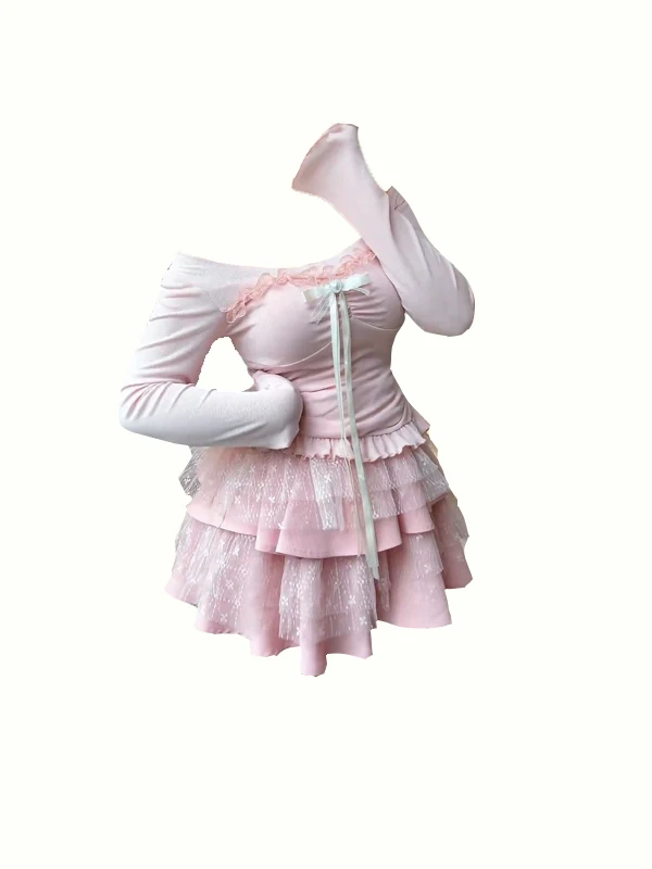 

plus Size Faion Set High Waist Puffy Skirt Long Sve Sweet And Spicy Slimming Top And Skirt Combo for Young Women