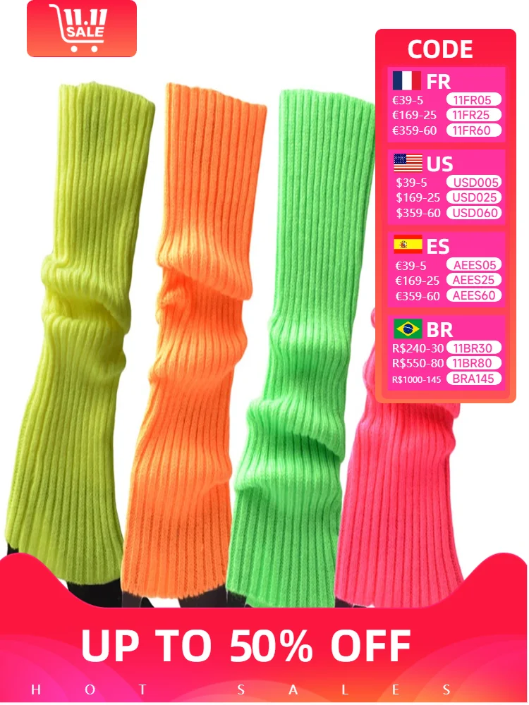 

Women Halloween 80s Neon Colored Knit Leg Warmers Ribbed Bright Footless Socks Punk Black Knee High Gothic Hip-hop Rock Sock