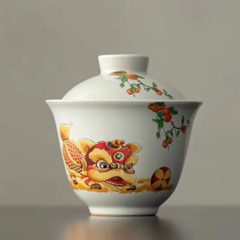 Creative Ceramic Wake Up Lion Pattern Tea Tureen Kungfu Tea Cup Tea Infuser Bowl Office Household Kitchen Teaware Set
