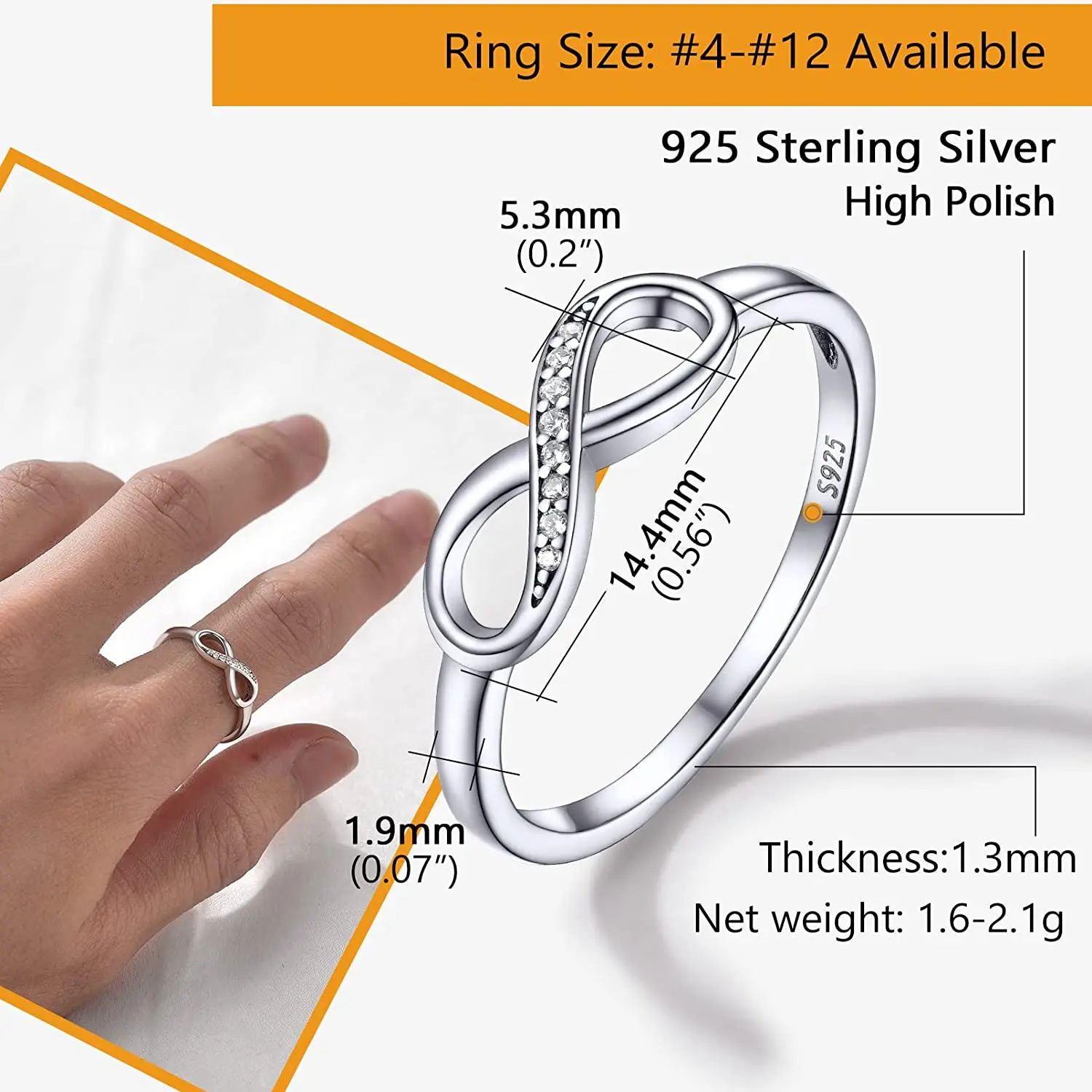 PROSILVER Anniversary Infinity Ring Stackable Women Girl Gifts Cubic Zirconia 925 Sterling Silver Rings Sizes 4-12 PYR15189B