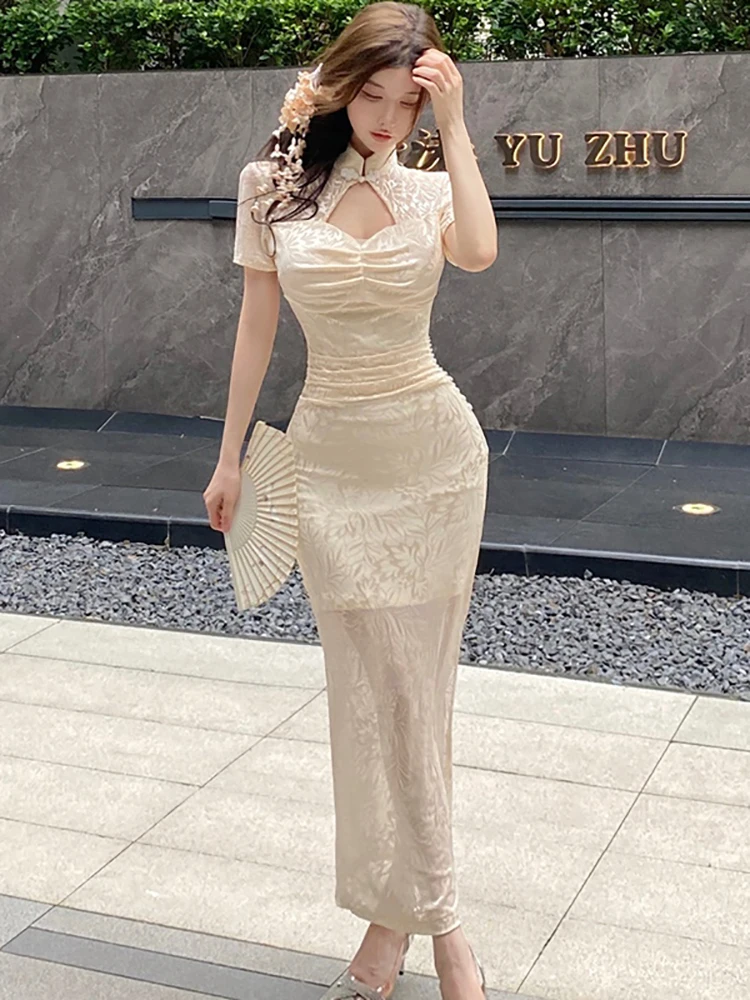 Frauen Solide Jacquard Aushöhlen Stehkragen Langes Kleid 2025, Koreanische Luxus Party Abendkleid Sommer Elegante Bodycon Prom Kleid