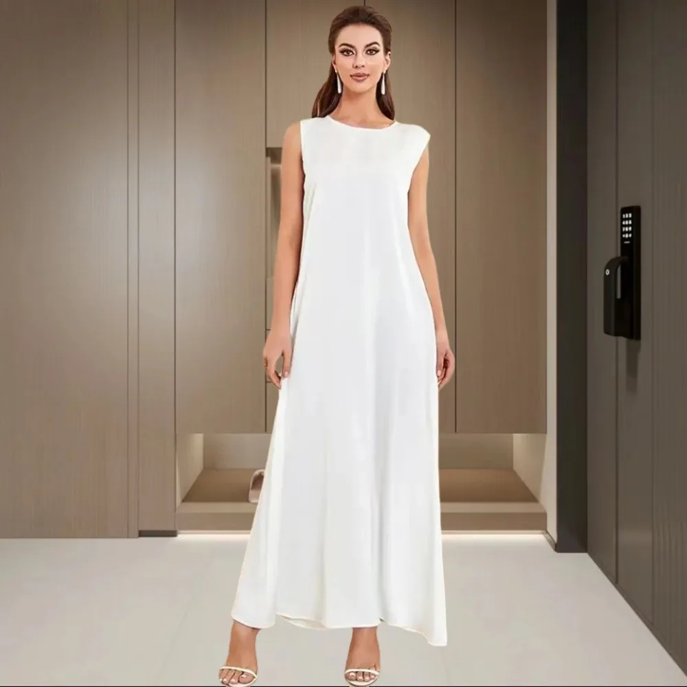 

Fashion 2023 Womens White Loose Casual Sleeveless Silk Dress Simple Elegant Vest Dress Summer Beach Maxi Dress