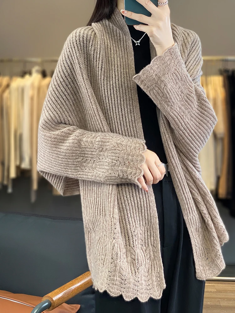 Pull cardigan en cachemire à manches longues pour femmes, châles en laine mérinos, tricots en dentelle, vêtements pour femmes, printemps, automne,