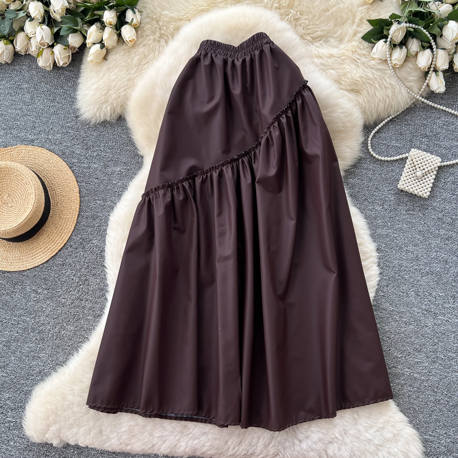 Seoulish Retro Irregular PU Faux Leather Midi Skirt 2026 Autumn Winter Solid High Waist Slim Lady Pleated A Line Skirts Women