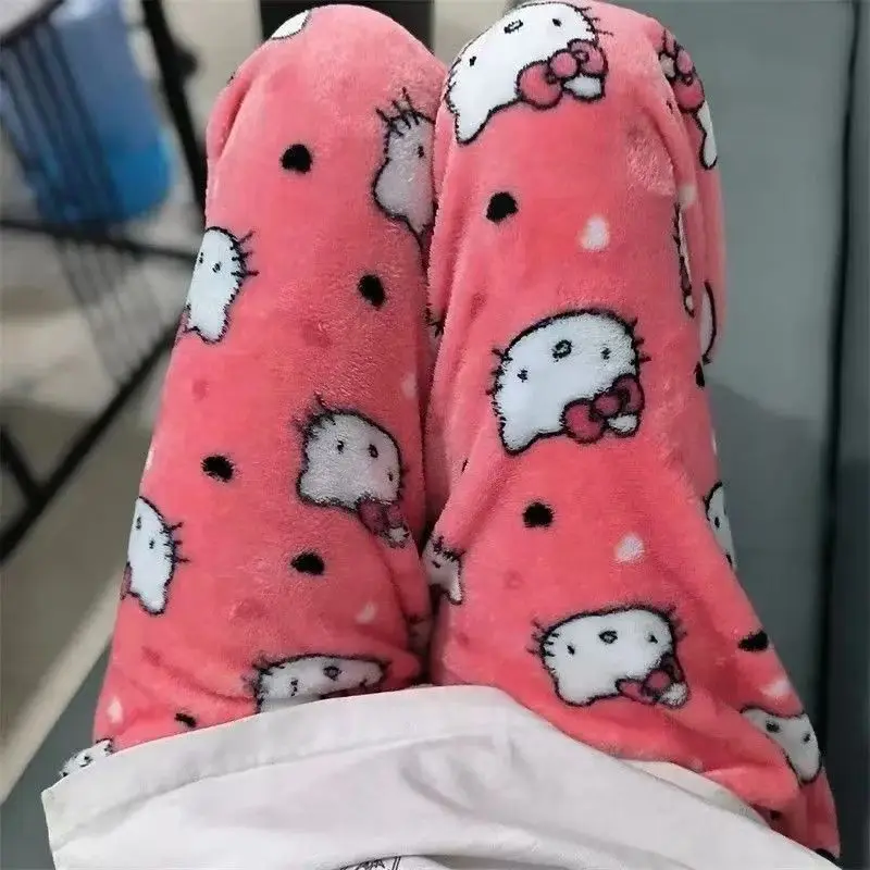 Sanrio Hello Kitty Cartoon Pants Women's Thickened Pajama Pants Kawaii Double Layer Stretch Soft Pants Anime Gift Home Clothes