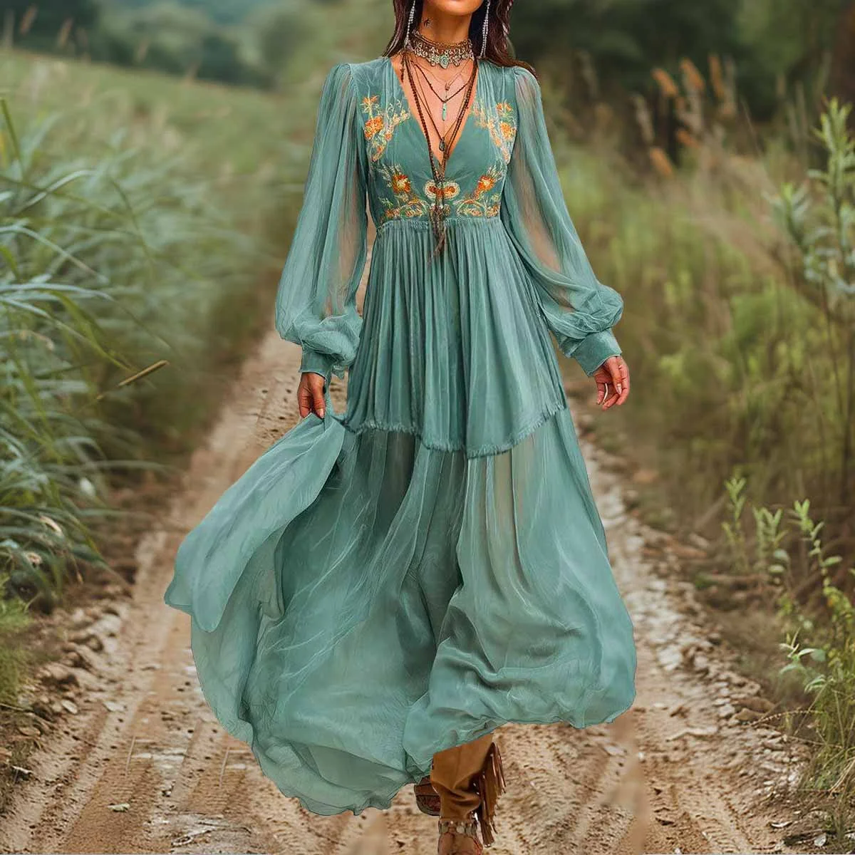 

Boho Woman Clothing Floral Print Long Dresses Sexy V Neck High Waist Party Dress 2025 Spring Lantern Sleeve Loose Maxi Dress