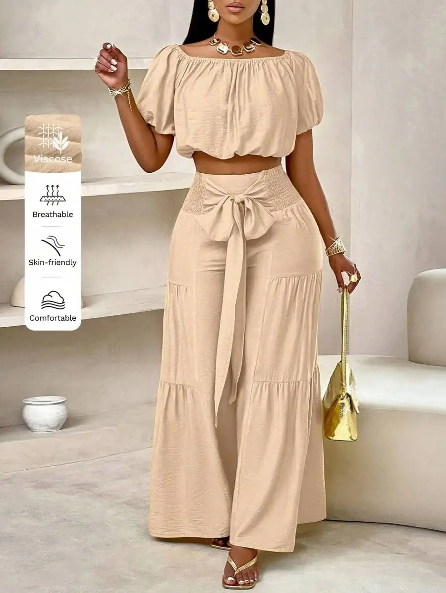 SOLERSUN Summer Beach Vacation Style Puff-Sleeved Ruffled Strapless Crop Top & Wide Leg Pants Set For Summer,Ladies Casual