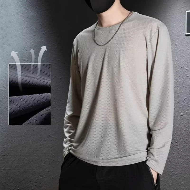 

Мужские сетчатые дышащие футболки с длинными рукавами, свободные спортивные топы больших размеров, базовая рубашка, повседневный мужской топ с круглым вырезом, фитнес-пуловер из ледяного шелка