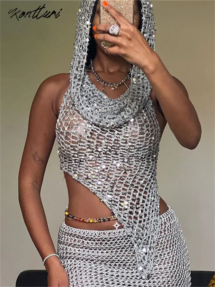 Kontturi Summer Sexy Knit Hollow Outfits For Women Club 2023 Sleeveless Hooded Backless Crop Top Silver Mini Skirt Matching Sets