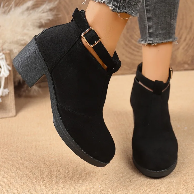 Belt Buckle Booties Fashion Round Toe Cow Suede Zip Platform Non-Slip Wear-Resistant Block Heel Shoes
