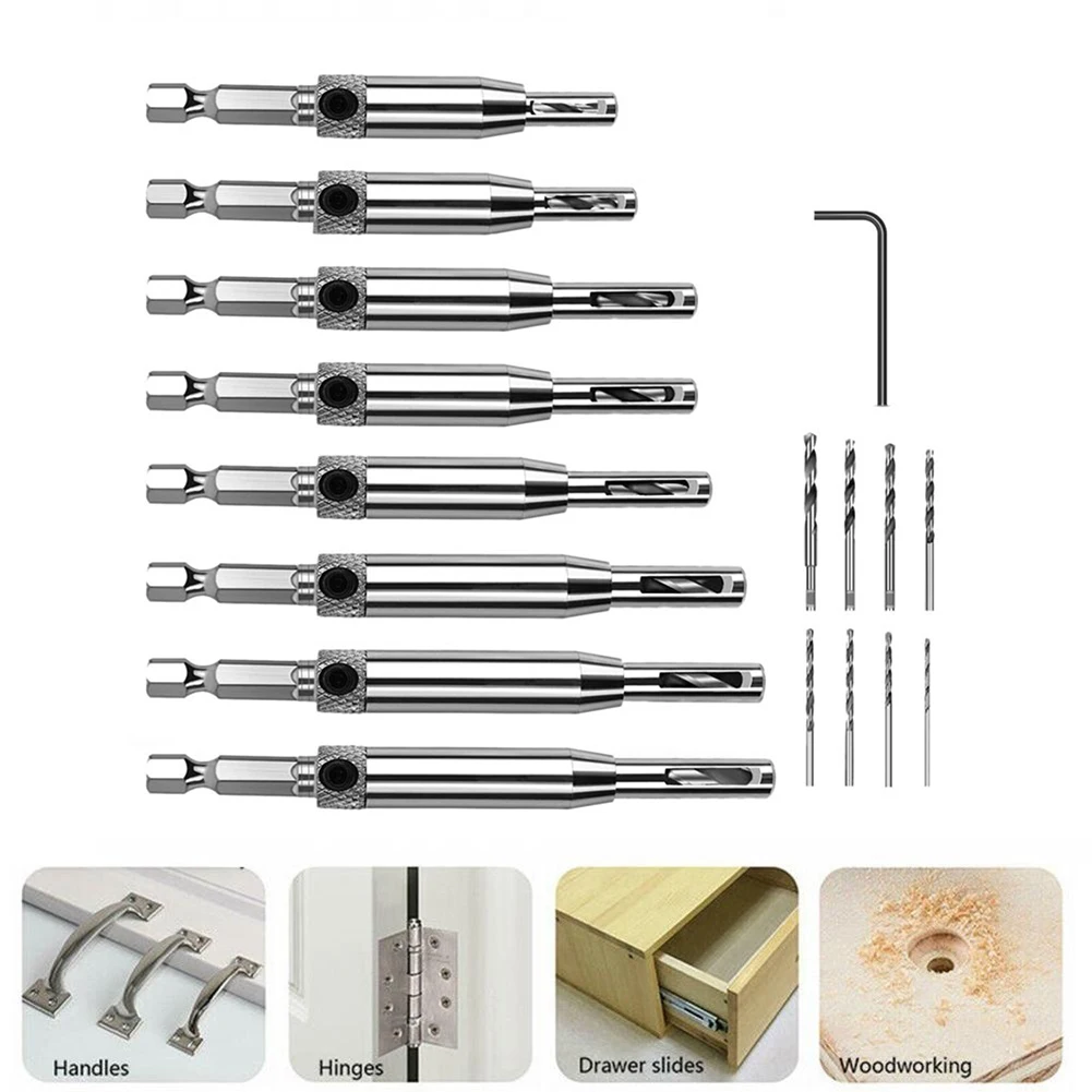 17pcs Self Centering Hinge Drill Bit Set For Door Cabinet For Pilot Holes HSS Woodworking Groove Drilling Tools Kit With Hex Wre