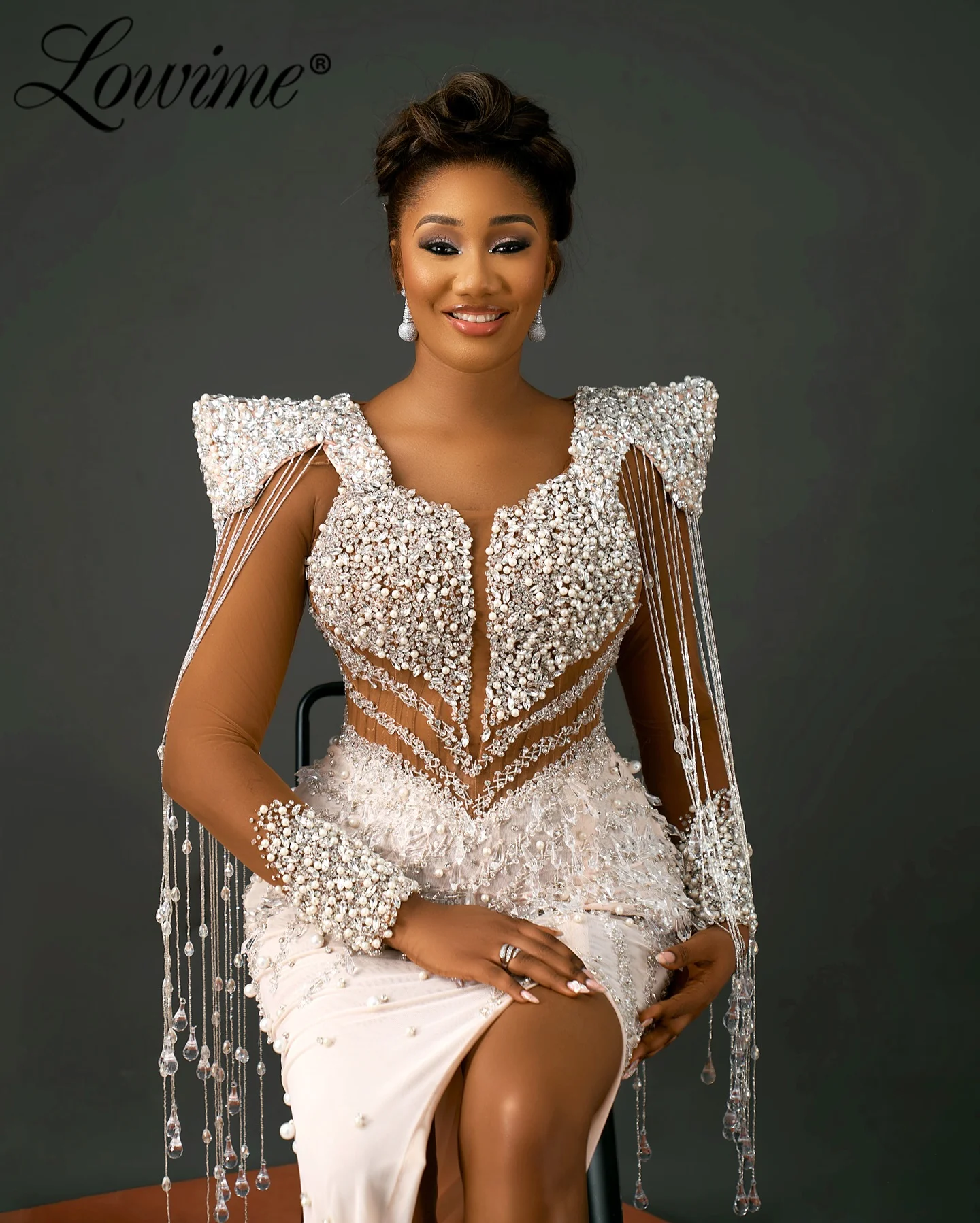 

﻿ Pink Luxury Prom Dresses African Plus Size Split Side Mermaid Evening Dress Customized Long Sleeves Celebrity Dress Party Gown