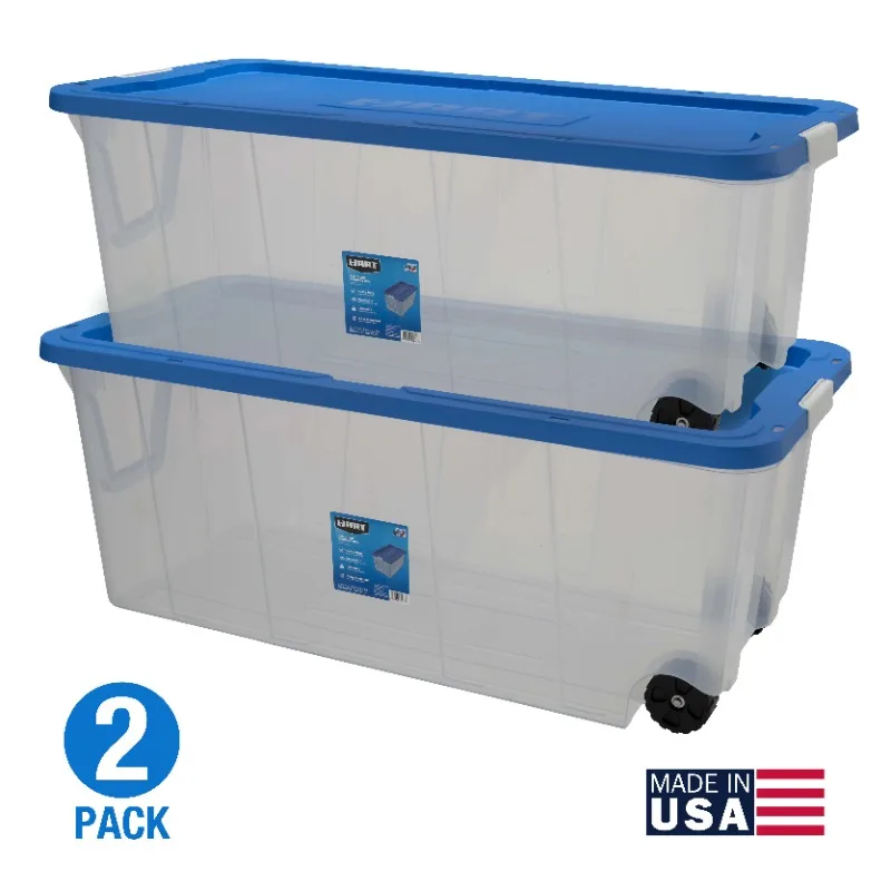 

HART 200 Quart Latching Rolling Plastic Storage Bin Container Clear Set of 2