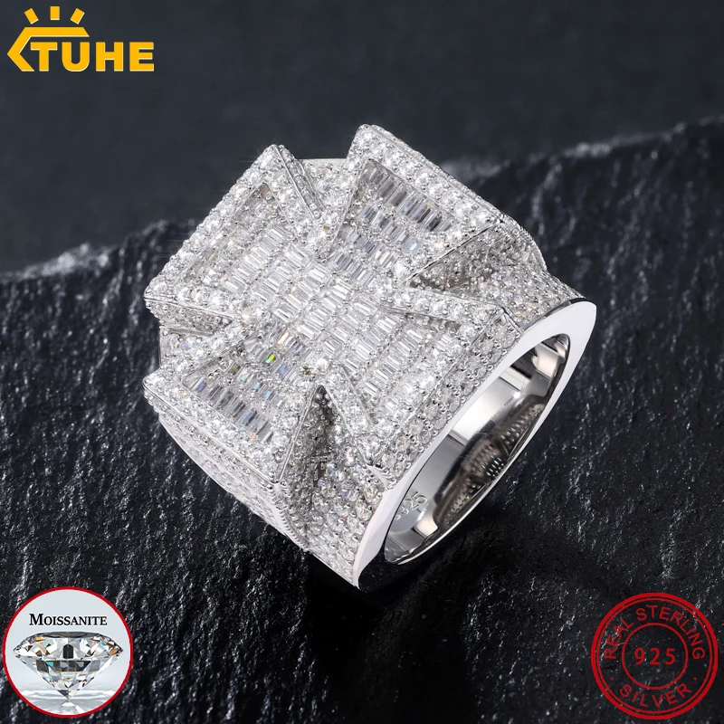TUHE High Quality Unisex Rings Iced Out Cross Rings S925 Silver VVS1 Moissanite Ring For Men Women Hip Hop Jewelry Gift