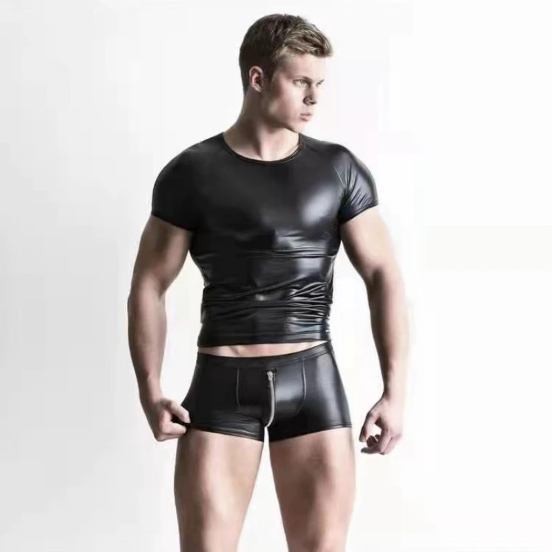 

2025 Matte Leather Fetish Stage Costume | Bondage Tee with Crotchless Shorts, Edgy Performance Outfit for Adult Events