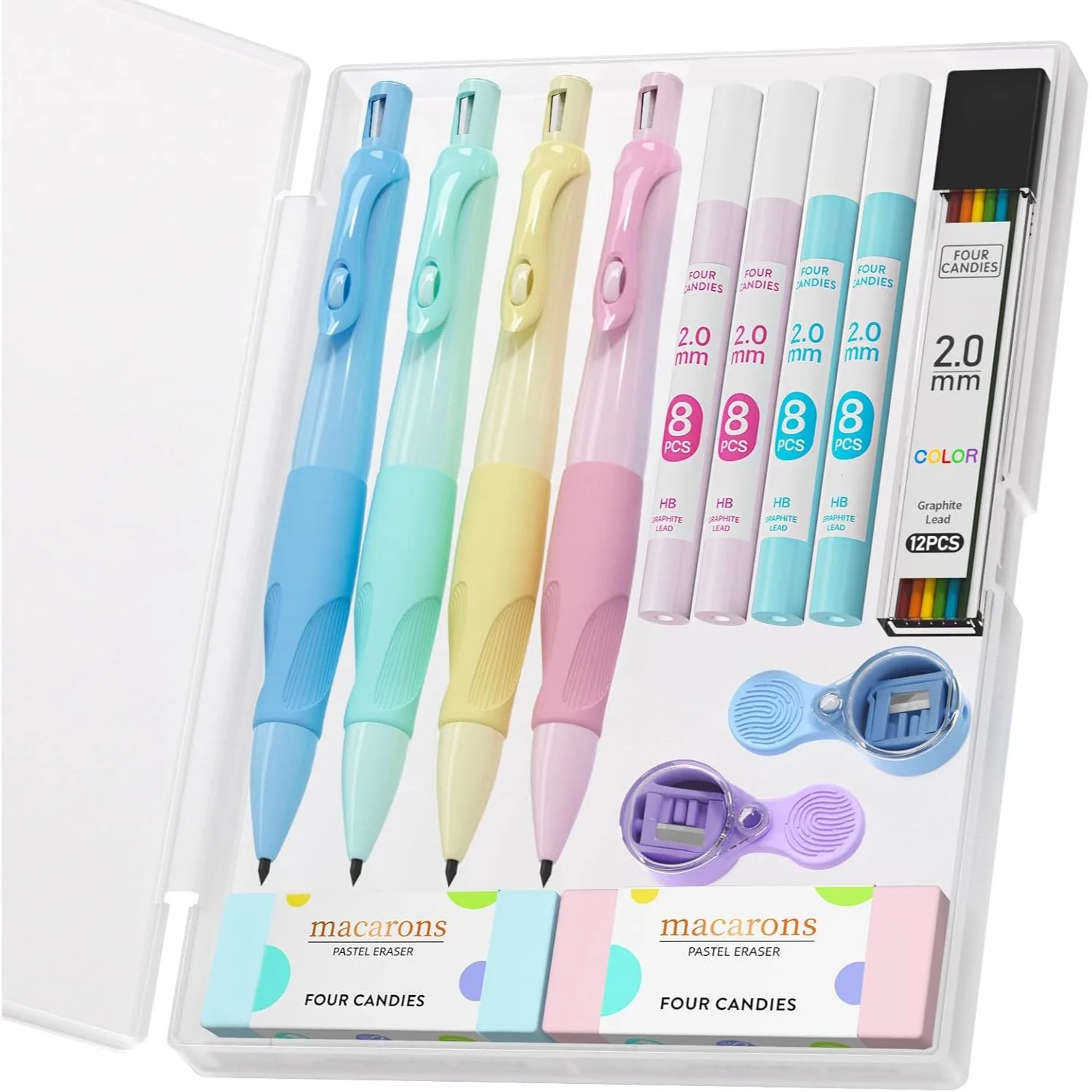 

2.0mm Mechanical Pencils for Kids with Ergonomic Grip, 4 Pencils + 44 Lead Refills + Sharpeners & Erasers, Cute School Supplies