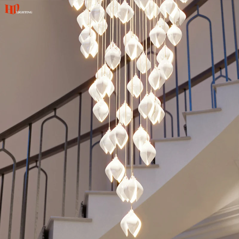 

Modern LED Staircase Chandelier Ceramic Flower White Modern Lighting Living Room Bedroom Villa Duplex Decoration Luxury Loft G9