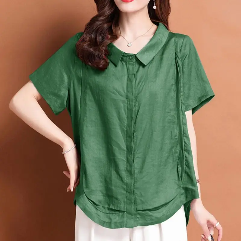 Fashion Lapel Solid Color Folds Blouse Women\'s Clothing 2023 Summer New Oversized Casual Tops Loose Korean Shirt