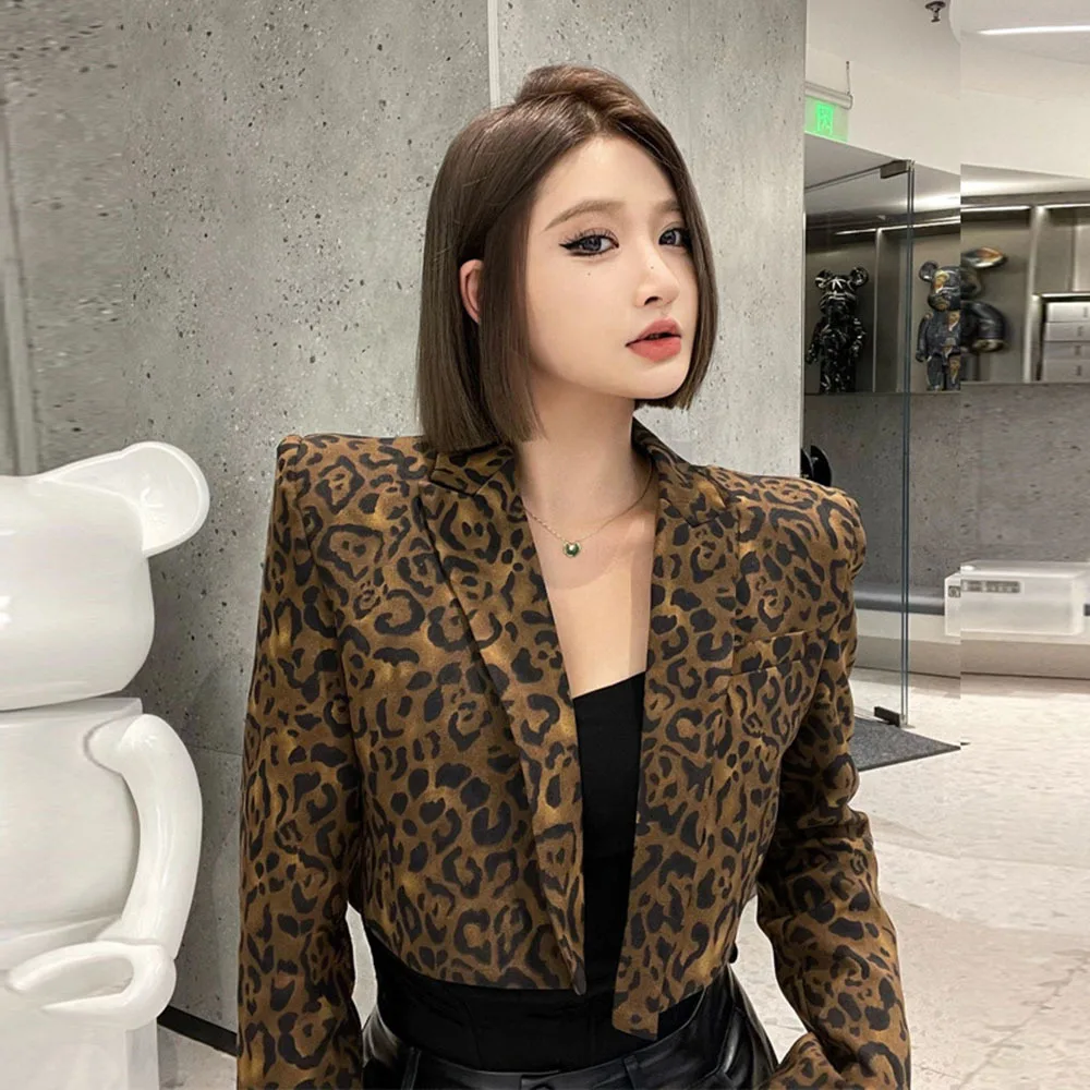 Women Jacket Korean Female Clothes Sexy Fashion Short Suit Coat Long Sleeve Blazer Tunic Leopard Print Cropped Tops Ropa Mujer