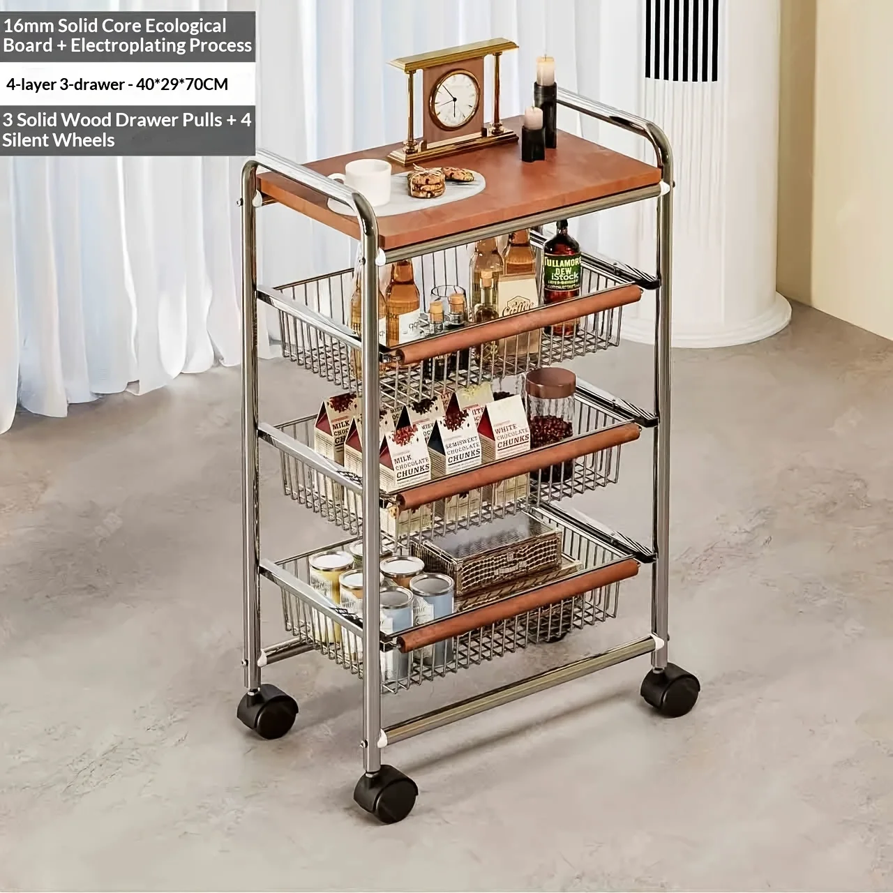 Four-Tier Rolling Storage Cart for Organization and Storage | Heavy-Duty Carbon Steel Storage Cart with Pull-Out Wire Baskets