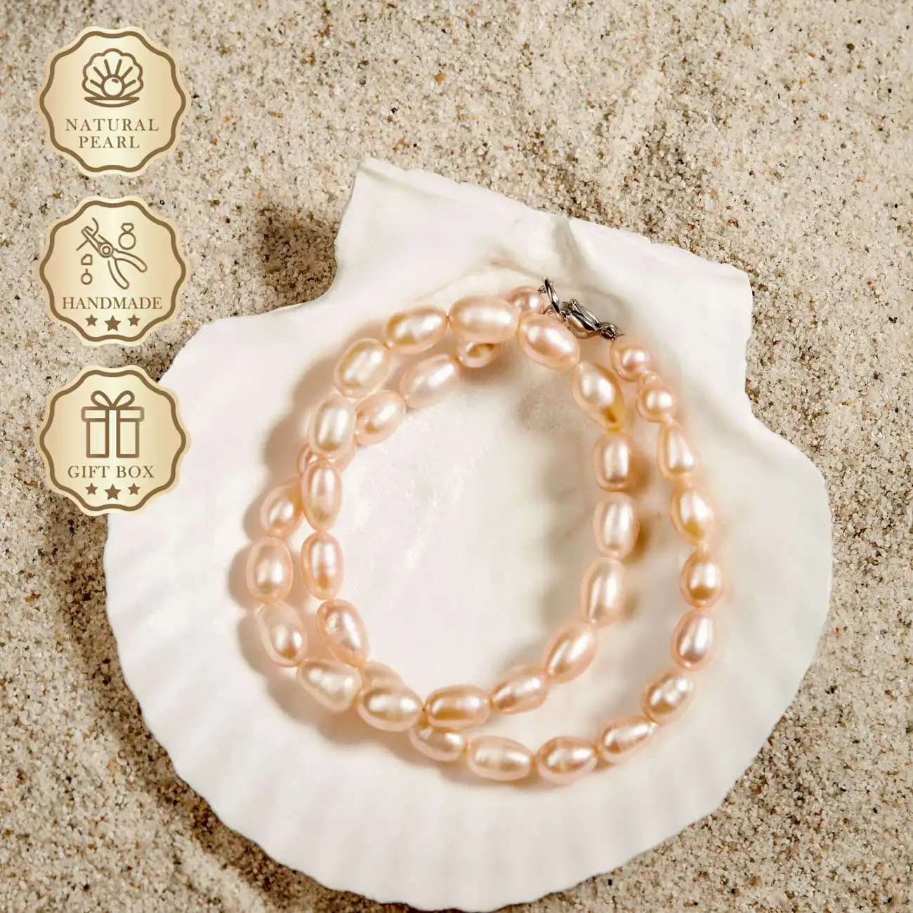 MYSOYA Collana di perle d'acqua dolce di riso rosa da 7-8 mm con chiusura a moschettone in argento, confezione regalo, regalo di compleanno e anniversario