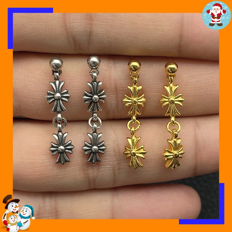 Premium Retro Double Cross Flower Tassel Earrings Stud Earrings Cross Men's and Women's Classic Earrings Personalized Heavy Indu