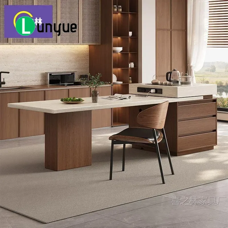 Retractable Dining Table with Induction Cooker Antique Travertine Rock Slab Island Multifunctional Kitchen Furniture for Home