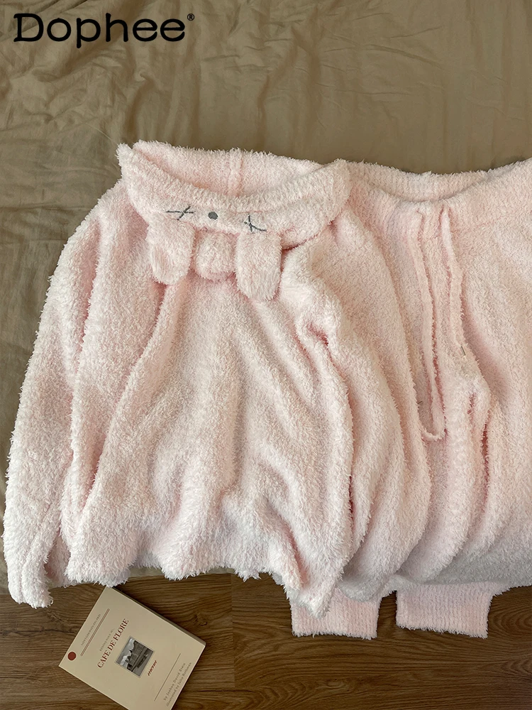 

Осень-зима, новая милая девушка, милая кроличья ушка с капюшоном, плюшевая трикотажная пижама с длинными рукавами, домашняя одежда, утепленный теплый комплект из двух предметов