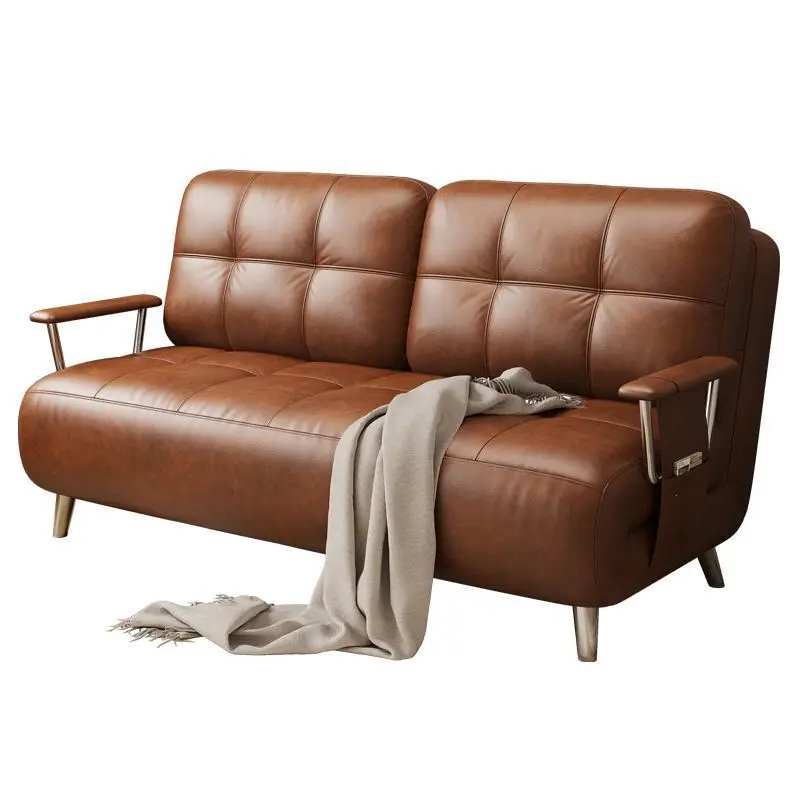 

Medieval retro sofa bed, foldable dual-purpose retro small apartment, double oil wax leather sofa bed