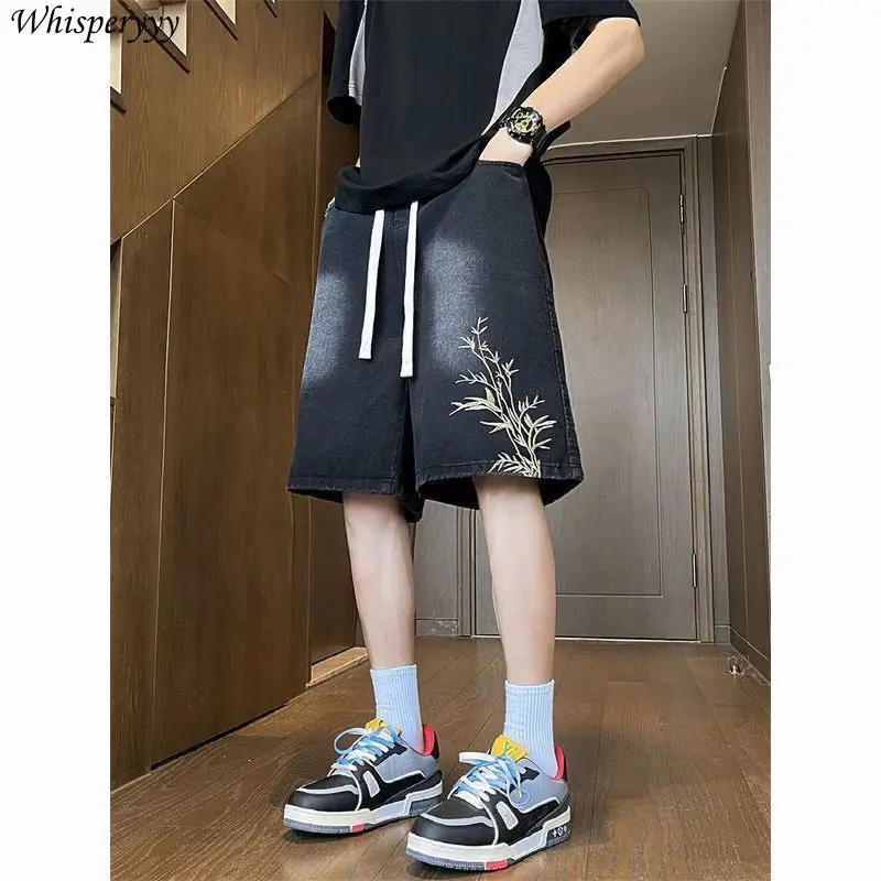 

Джинсовые шорты мужские в национальном стиле новые летние с эластичной резинкой на талии и шнурком повседневные брюки с пятью точками мужские уличные свободные джинсы