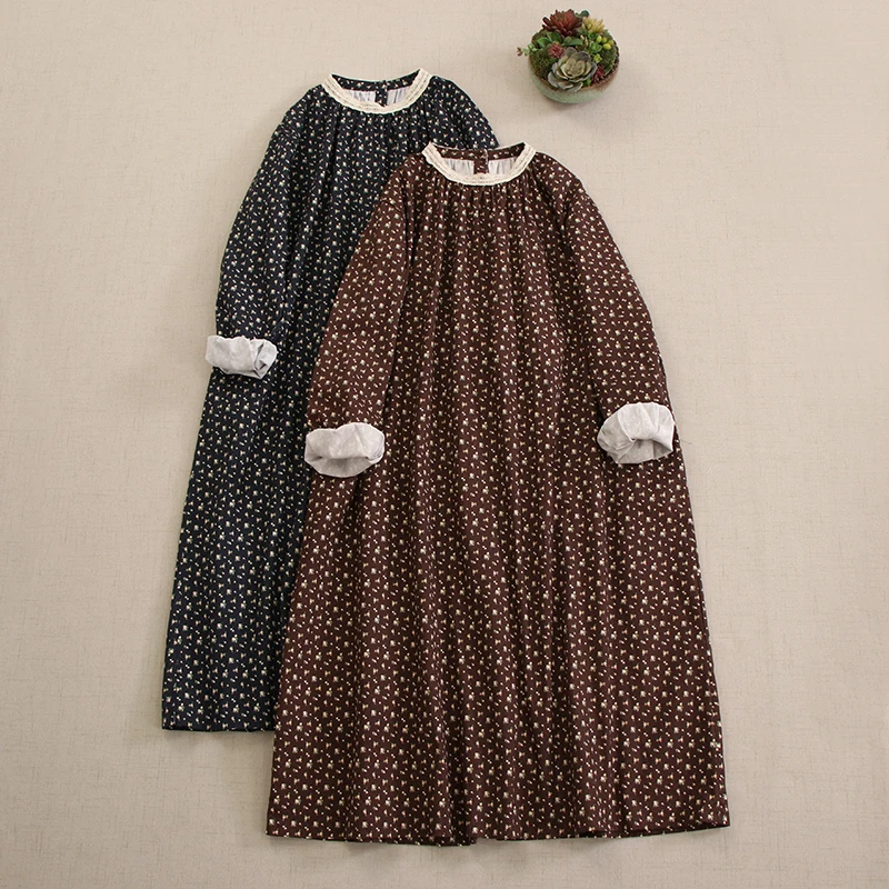 

Spring Japanese Sweet Mori Girl Vintage Floral Printed Cotton Dress Women Lace Round Collar Long Sleeve Casual Loose Midi Dress