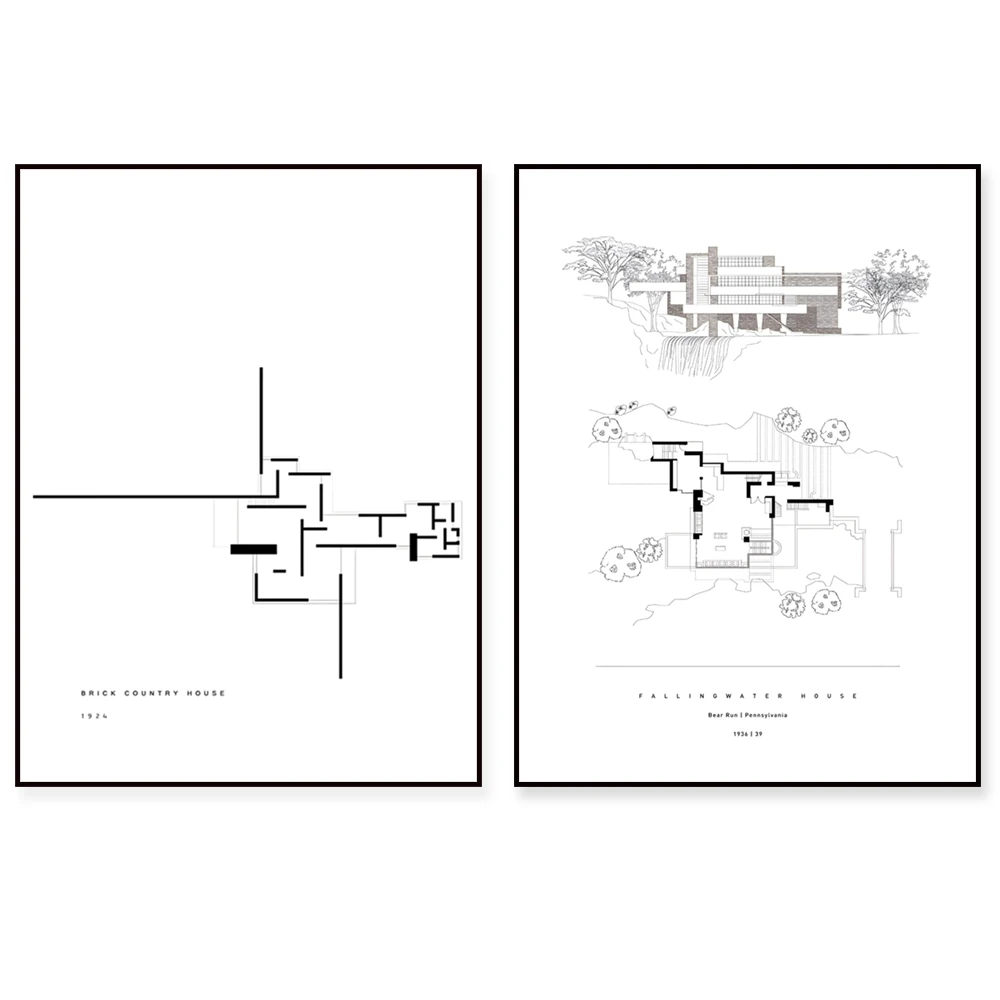 

Architecture tour, Fallingwater, Chicago, Illinois, USA. Villa Savoy, brick country house, Scandinavian architecture poster