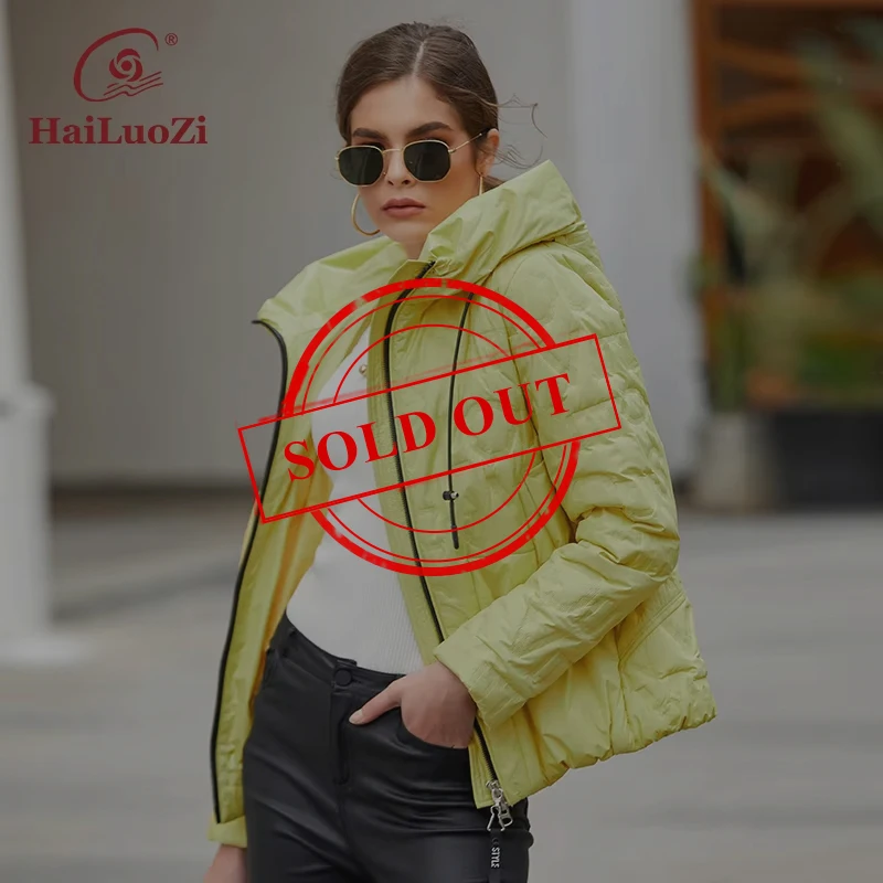 HaiLuoZi New 2022 Spring Fashion Women Coat Short Slim Warm Autumn Jacket Classic Solid Color Bio Cotton Zipper Hood Parkas 7051