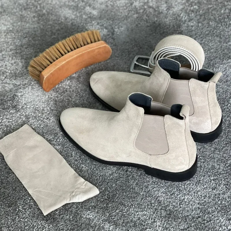 Beżowe Męskie Buty Chelsea Czarne Flock Okrągłe Toe Wsuwane Biznesowe Ręcznie Robione Buty Męskie Botas De Hombre Wino Czerwone Buty Męskie — zdjęcie 5