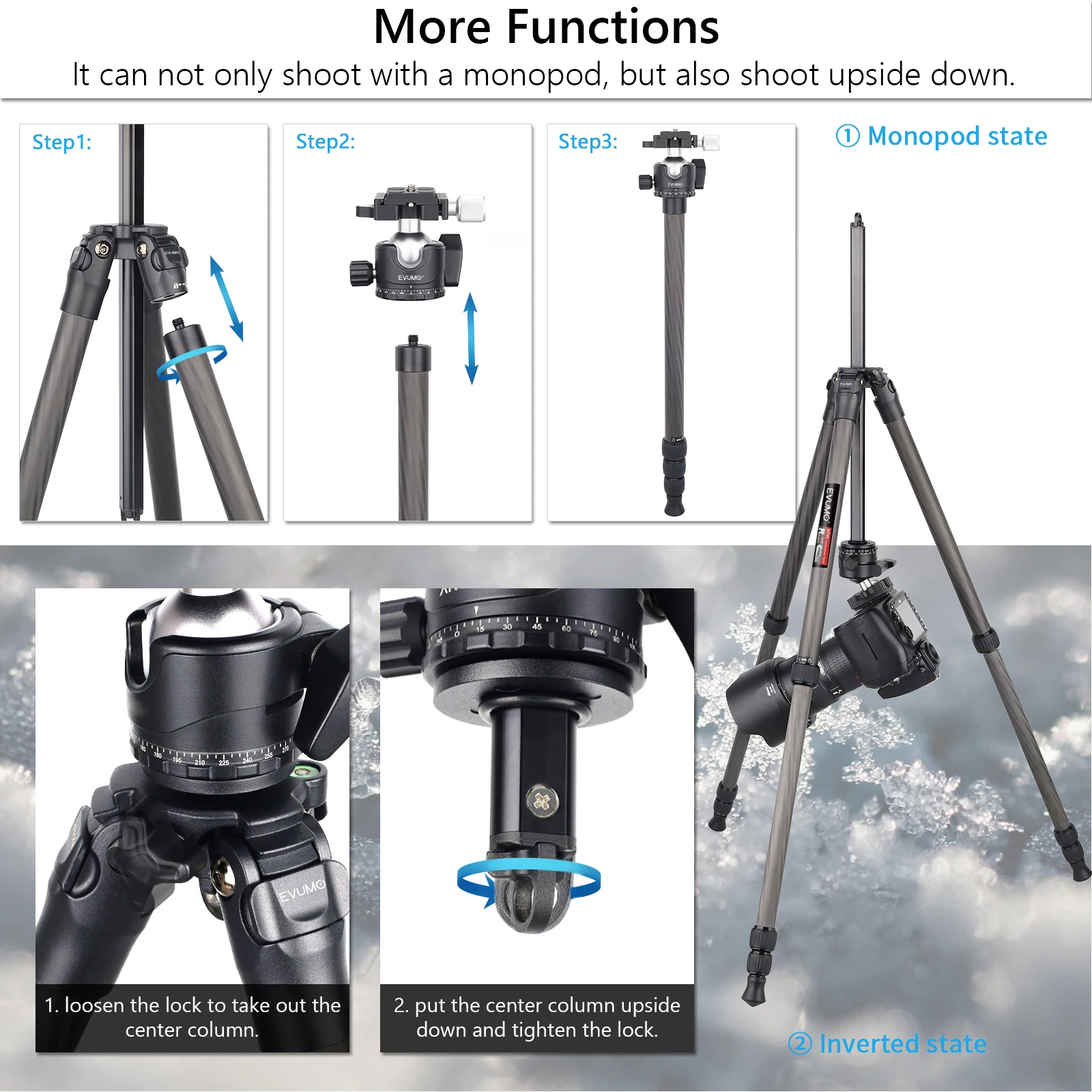 EVUMO Tripod for Camera Professional Carbon Fiber Lightweight Travel Flexible Monopod Load 15kg HT4C with 36mm Ball Head