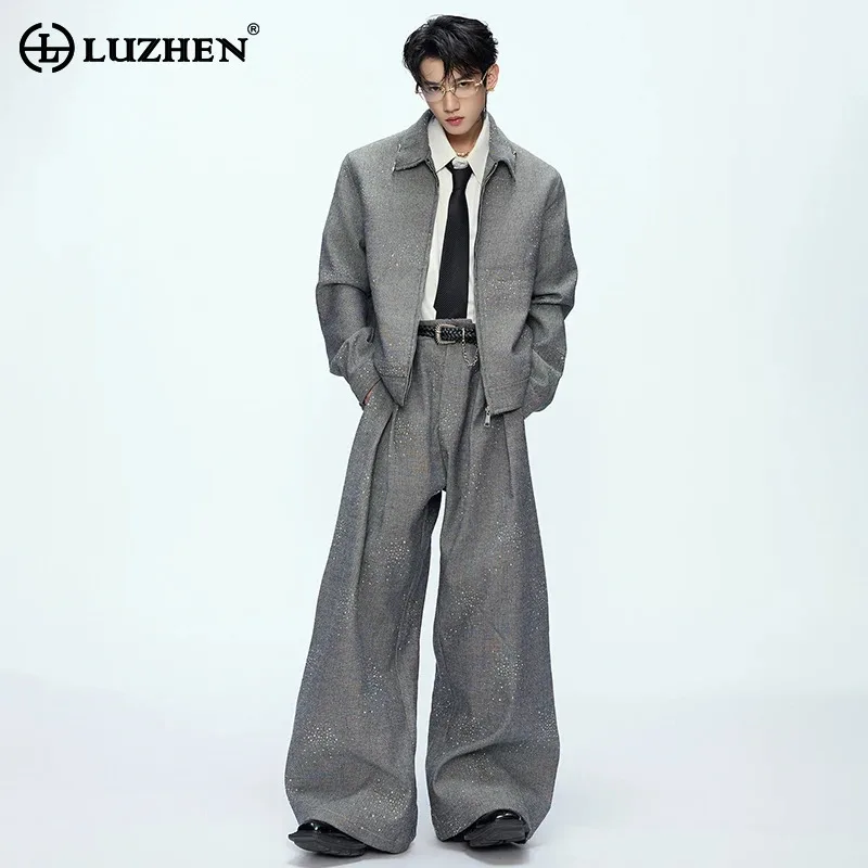 

LUZHEN 2025 Autumn New Diamond Patchwork Decorate Casual Jacket Solid Color Men Original Elegant Loose Wide Leg Trousers JY4082