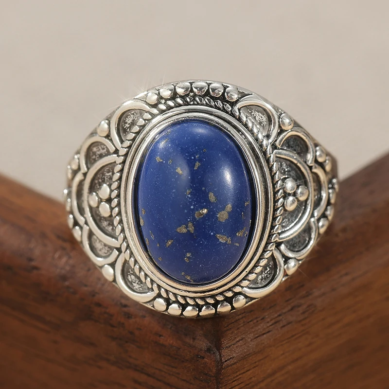 Ethnischer silberfarbener, mit Lapislazuli-Imitat eingelegter Damenring, geometrischer Schmuck für den täglichen Gebrauch, Partyschmuck – Detail 2