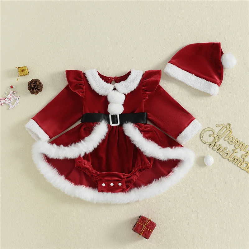 

Baby Girls Christmas Romper Dress Plush Patchwork Long Sleeve Jumpsuits and Cute Santa Hat Set 2pcs Outfits