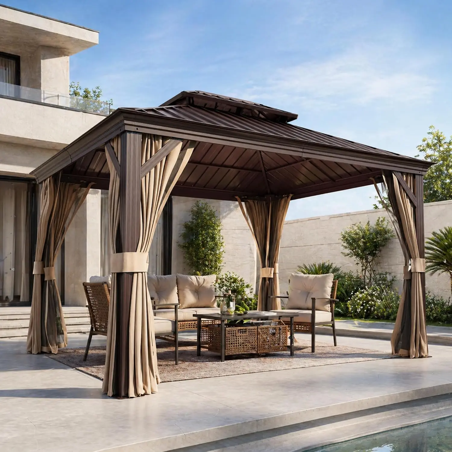 10'x12' Hardtop Gazebo Double Galvanized Steel Roof, Permanent Aluminum Frame Outdoor Pavilion with Netting & Curtain, Custom view 2