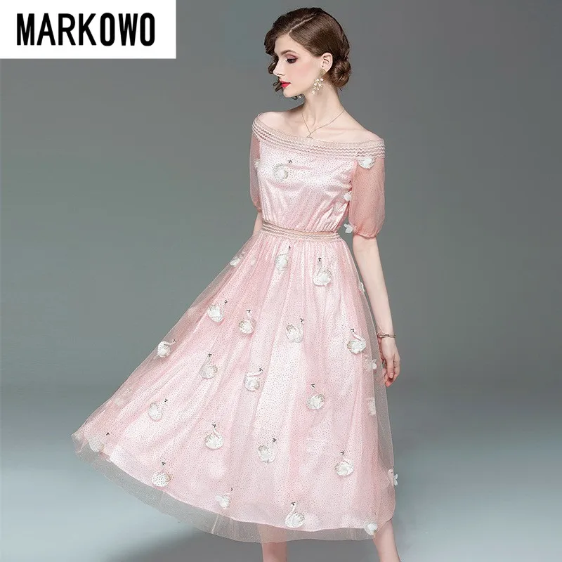 

MARKOWO Desinger Brand 2023 Long pink fresh sweet one shoulder gauze swan lady embroidery dress