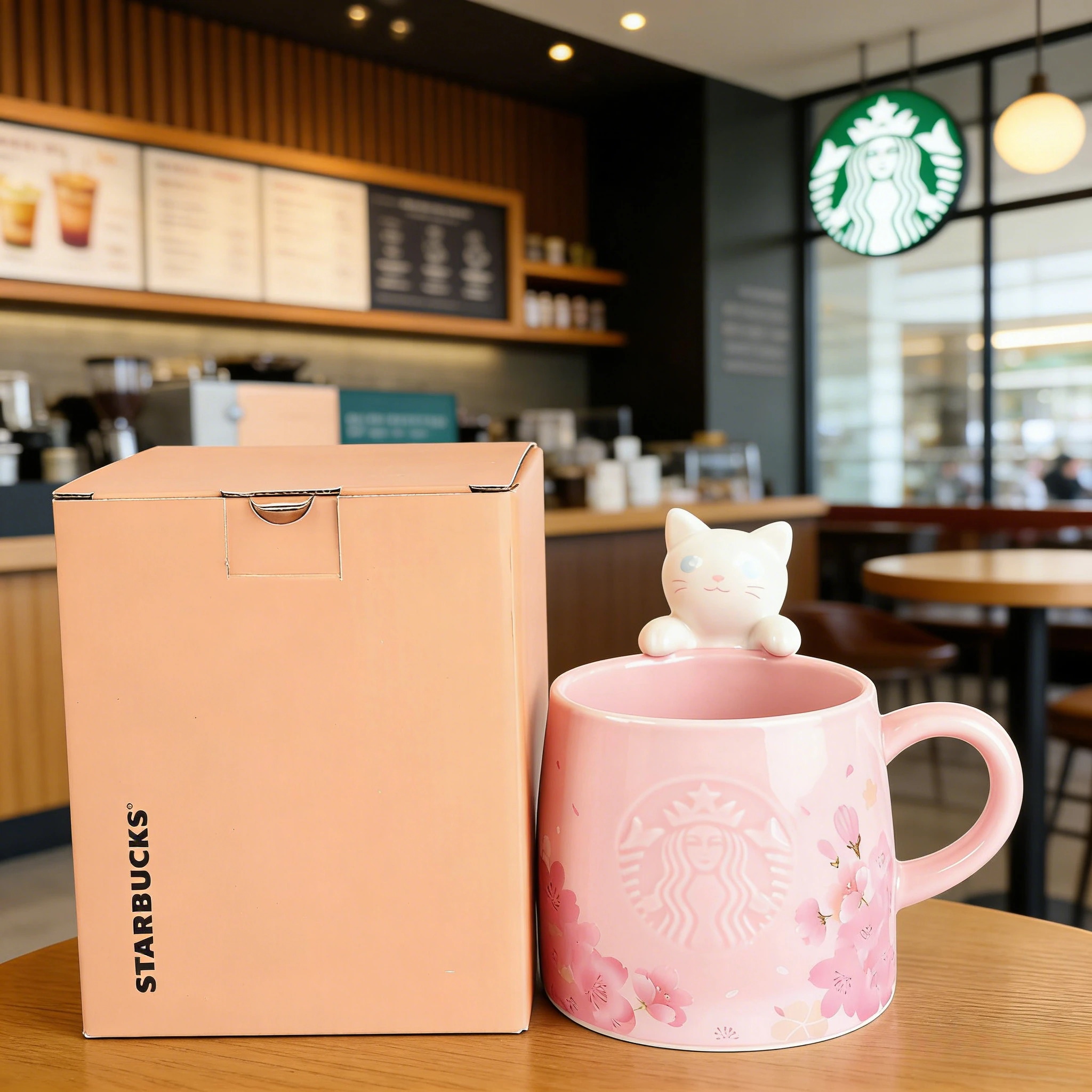 Taza de Cerámica Rosa Starbucks Sakura Season Cat Mug 355ml, Taza Coleccionable con Diseño de Gato Escondido, Vajilla para Bebidas de Primavera