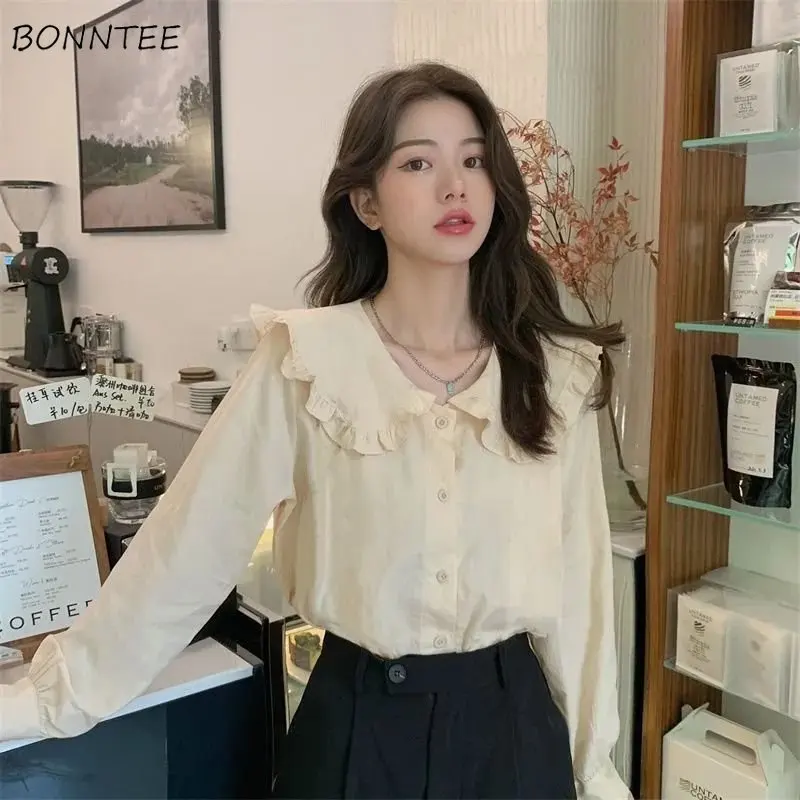 Shirt Women Spring Korean Style Apricot Fashion Simple Breathable Leisure All-match Solid Loose Lovely New Ins Chic Lazy Preppy