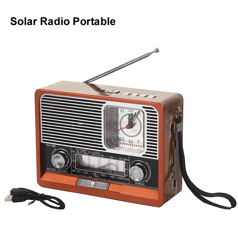 Multifunction Solar FM AM SW Retro Radio with Bluetooth receive Speaker,MP3 Music Player,LED Light torch,AUX USB Charging etc