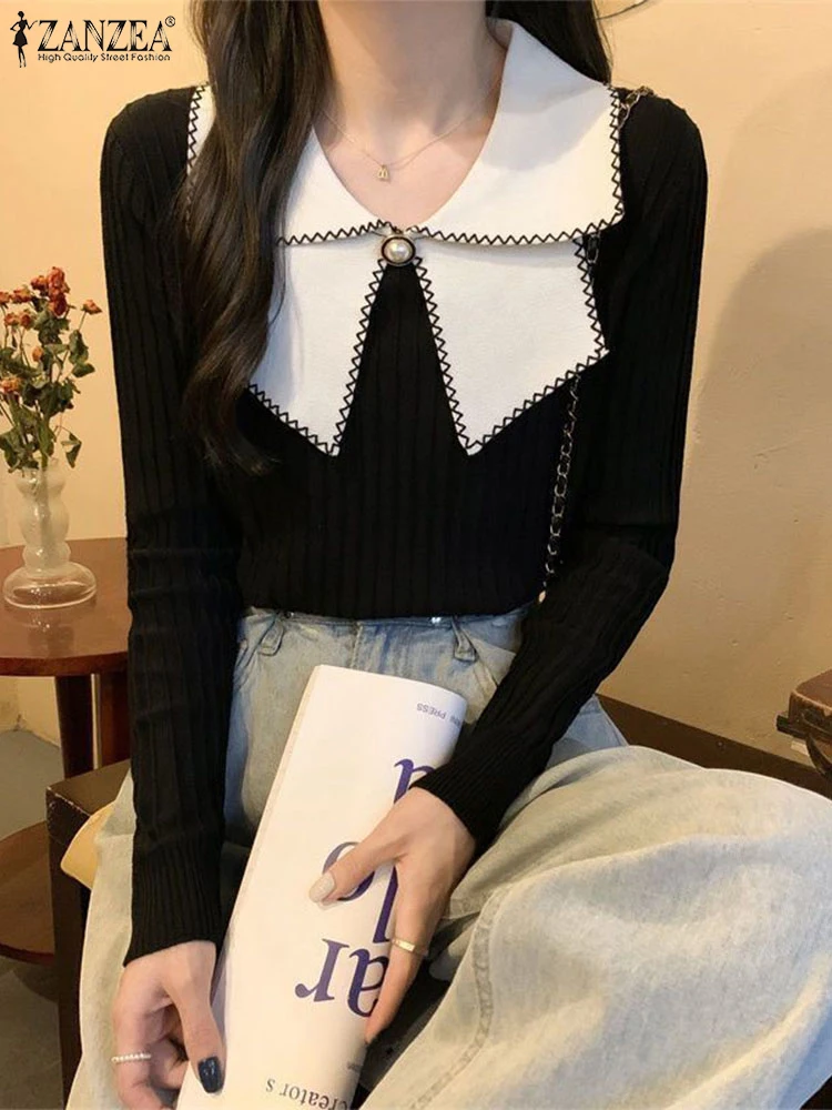 

ZANZEA Elegant Women Knitted Pullover Sweaters Vintage Peter-Pan Collar Contrast-Color Ribbed Sweater T-Shirts Cozy Woman Jumper
