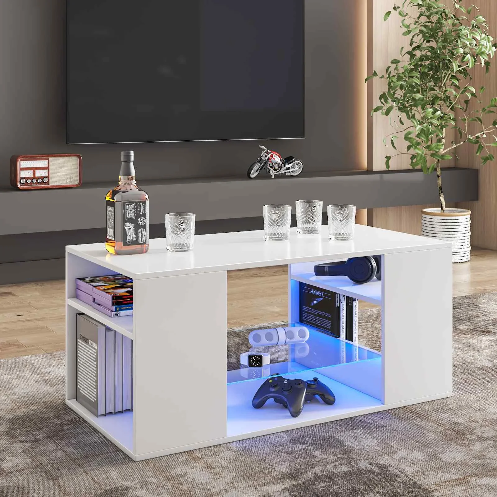 LED Coffee Tables for Living Room Modern White Coffee Table with 3 Shelves Glass Storage Cocktail Table with 16 Colors LED Light