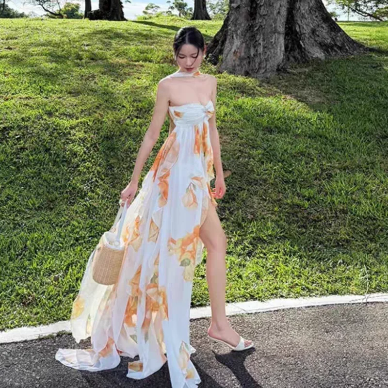 Verano mujeres francés Vintage Maxi fuera del hombro vestido bohemio sin espalda fiesta de noche gasa vestido de fiesta Floral N805