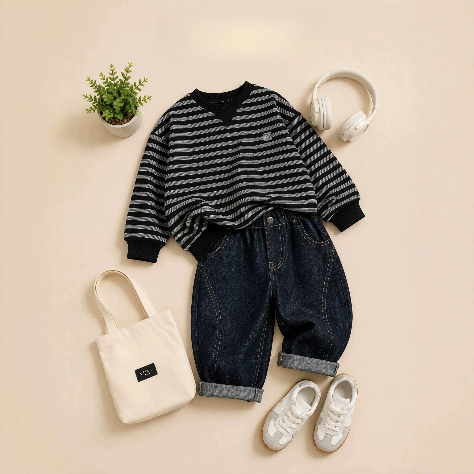 Boys' Striped Hoodie Two-piece Set 2026Autumn New Korean Striped Top Solid Color Jeans Casual Two Price Set