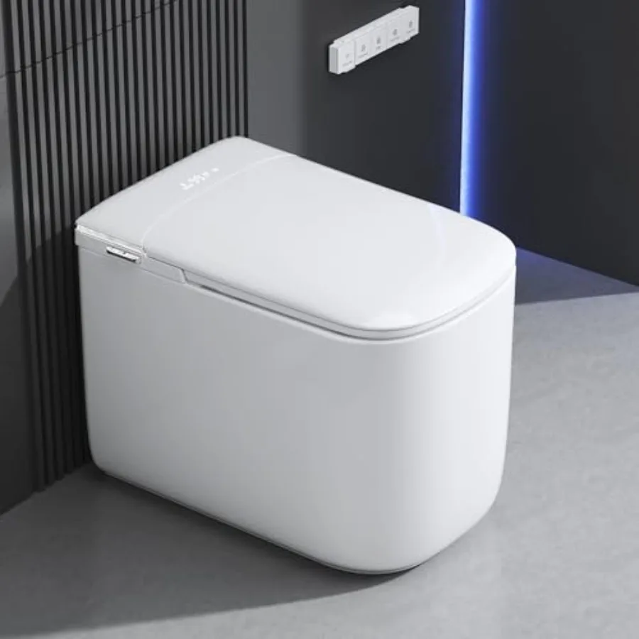 Smart bidet toilet for small bathrooms: ceramic, white, luxury features including foam shield, dual auto flush, foot sensor, UV