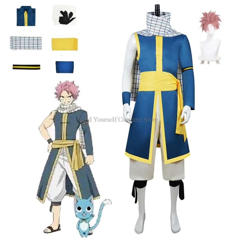 Anime Fairy Tail Cosplay para homens, Etherious Natsu Dragneel, capa azul, terno carnaval Halloween, peruca busca 100 anos