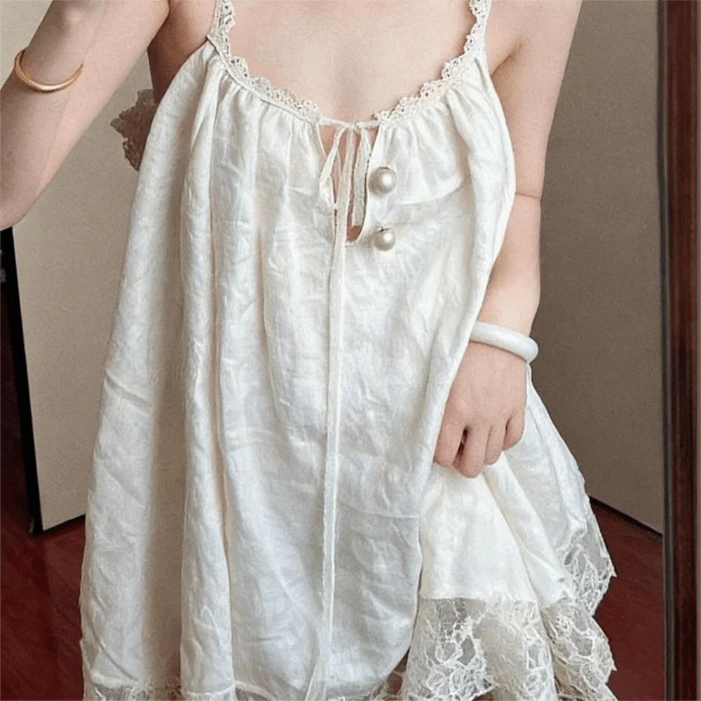 French Style Lace Trim Lace Camisole Dress Suspenders Loose Fit Nightgown Bow Detail Slip Dress Nightwear